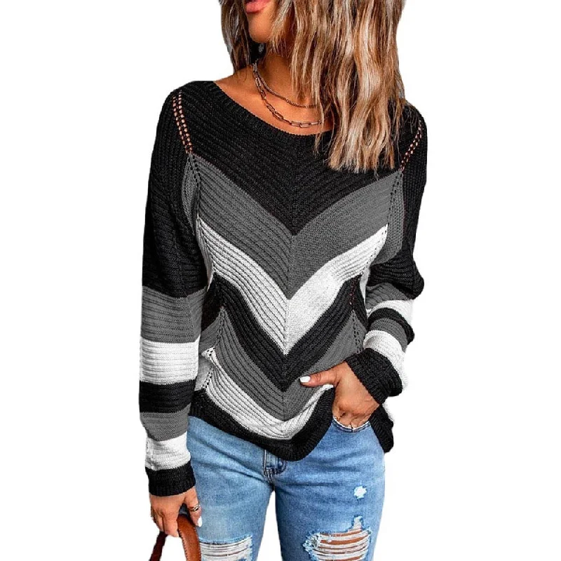 Fashion Color Blocking Loose Pullover Knit Sweater Wholesale Womens Tops Polished Women's Silk