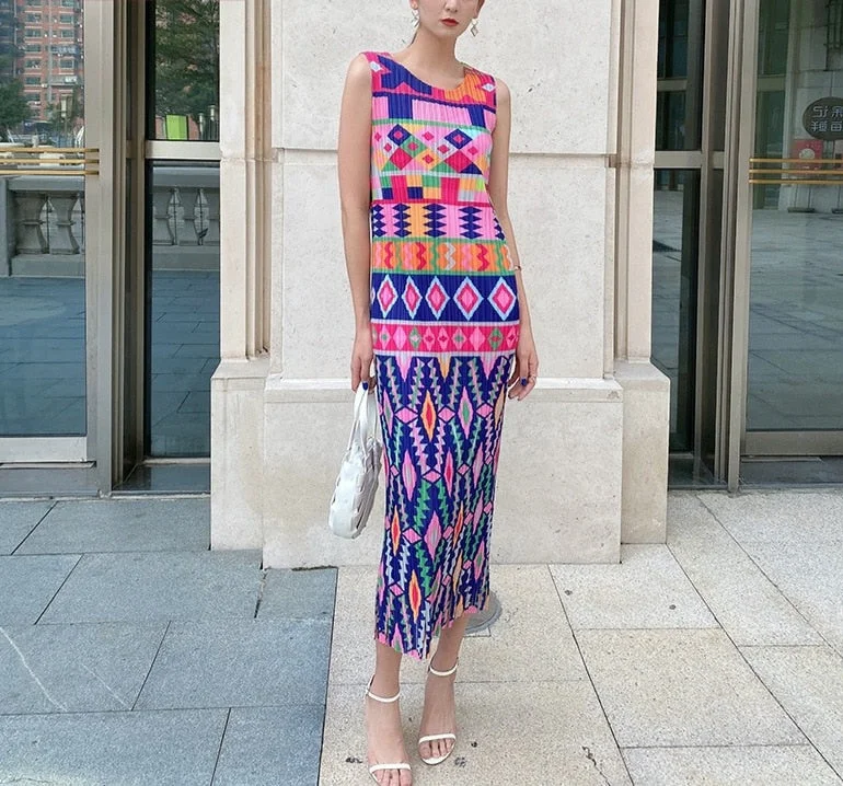 Miyake Pleated Printed Sleeveless Midi Dress Earthy Women's Hemp - based