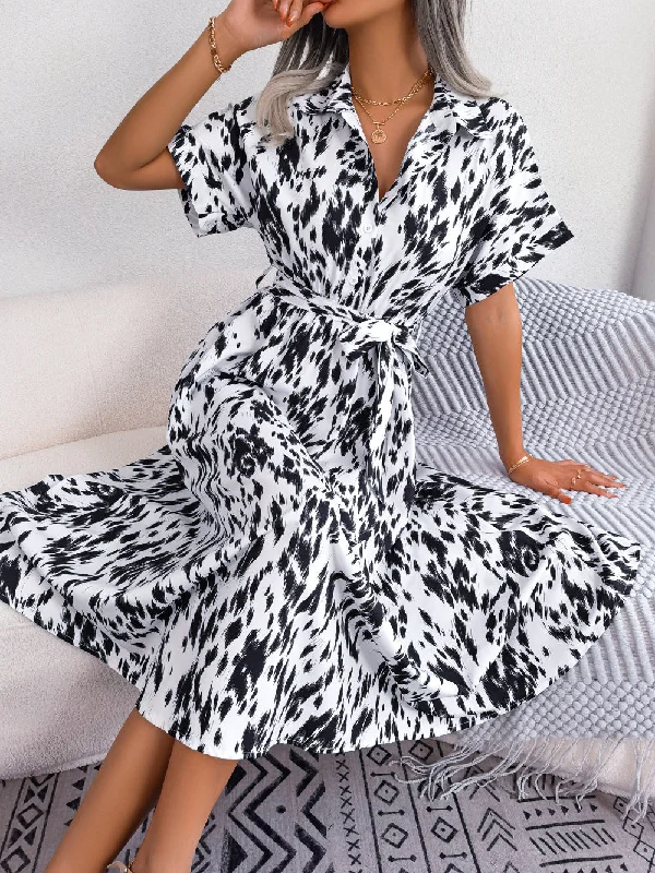 Printed Collared Neck Short Sleeve Tie Waist Dress Sporty Women's Tennis