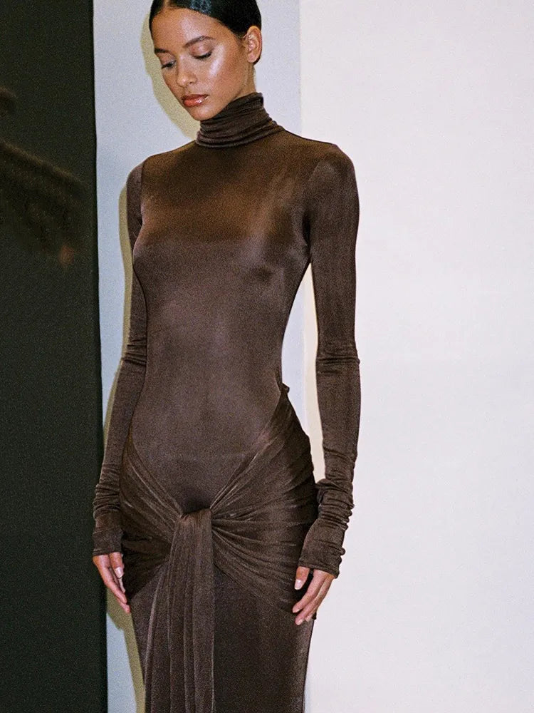 A&A Luxe High Neck Long Sleeve Maxi Bodycon Dress Bold Women's Statement