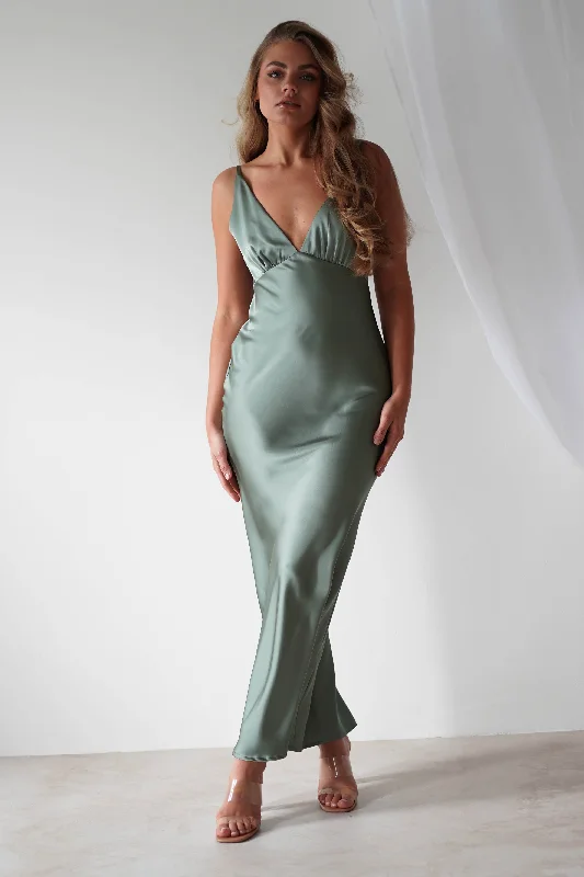 Aimie Soft Satin Maxi Dress | Olive Casual Women's Japanese 