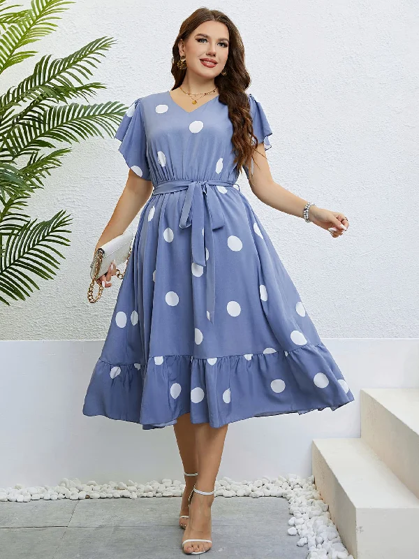 Polka Dot Belted Flutter Sleeve Ruffle Hem Dress Disco