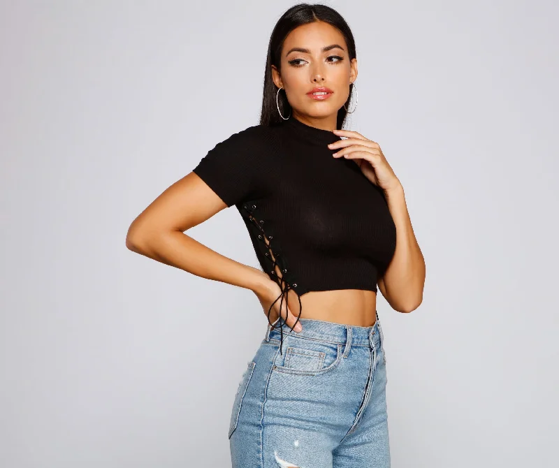Back To Basics Lace Up Ribbed Knit Top Practical Women's Quick - dry