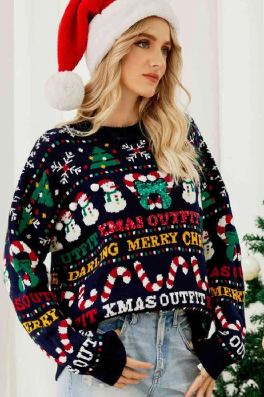 Christmas Print Crewneck Dropped Shoulder Sweater Contemporary 
