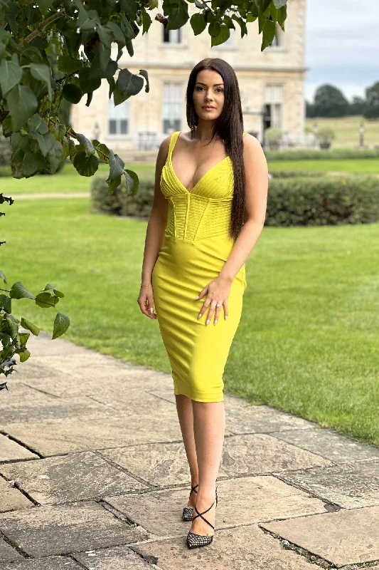 Lavish Alice pleated ponte corset midi dress in lime yellow Women