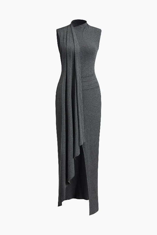 Wrap Slit Mock Charming Neck Sleeveless Maxi Dress Stylish Women's Tropical 