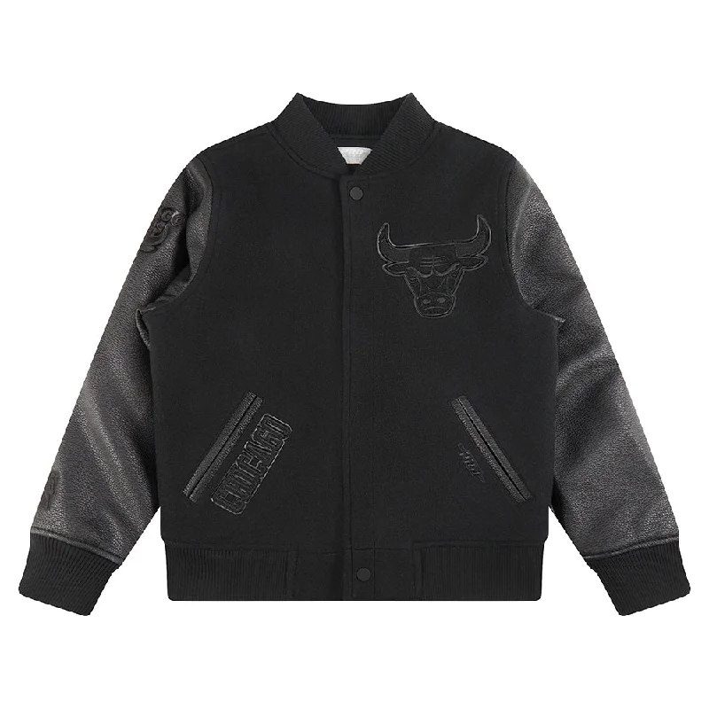NBA CHICAGO BULLS TRIPLE BLACK BIG BOYS WOOL VARSITY JACKET (JET BLACK) Classic Women's Pin - striped NBA CHICAGO BULLS TRIPLE BLACK BIG BOYS WOOL VARSITY JACKET (JET BLACK) Classic Women's Pin - striped