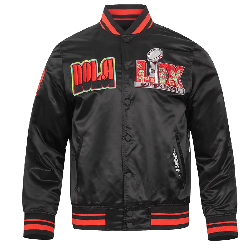 NFL SUPER BOWL 59 MEN'S RIB SUBLIMATED SATIN JACKET (BLACK/CRAWFISH RED) Cool Women's Skate NFL SUPER BOWL 59 MEN'S RIB SUBLIMATED SATIN JACKET (BLACK/CRAWFISH RED) Cool Women's Skate