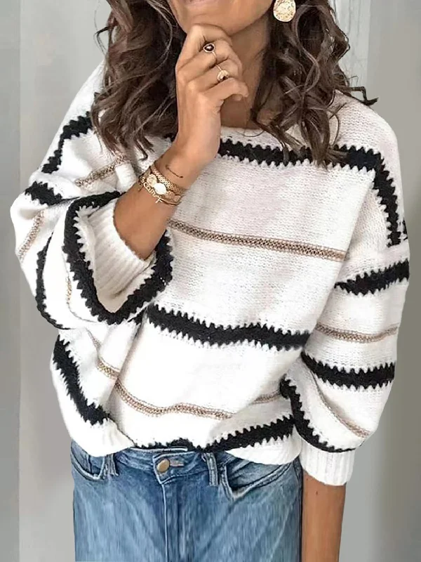 Contrast Striped Round Neck Long Sleeve Sweater Sustainable Organic