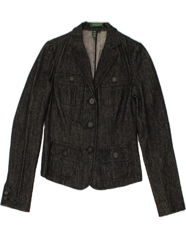RALPH LAUREN Womens Petite 3 Button Blazer Jacket US 4 Small Grey Linen Sporty Women's Tennis