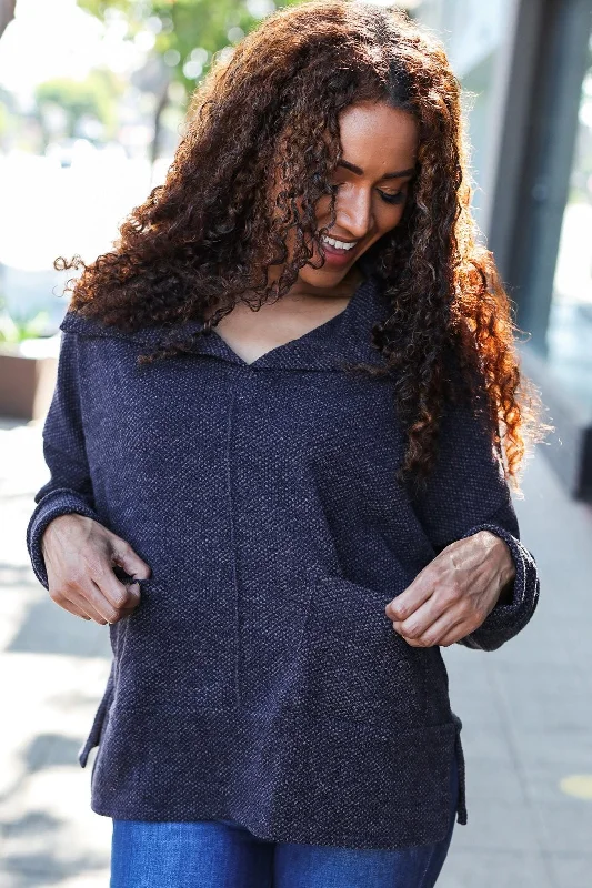 Textured Knit Notch Neck Oversized Collar Sweater Adventure