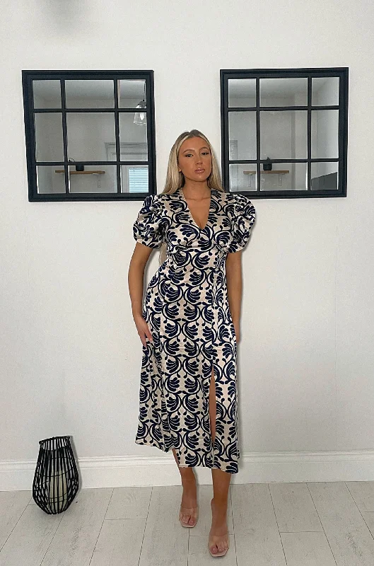 AX Paris Stone and Navy Printed Short Puff Sleeve V Neck Midi Dress Dynamic Women's High - energy
