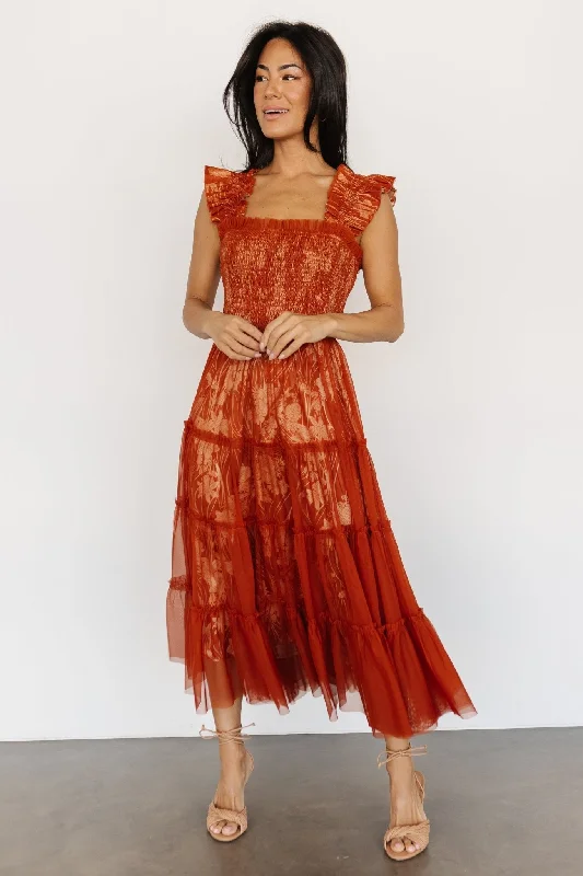 Cora Smocked Tulle Dress | Rust Floral Modern Women's 