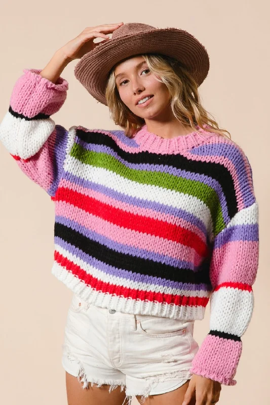 Multi Color Striped Cropped Sweater Elegant Women's Formal 