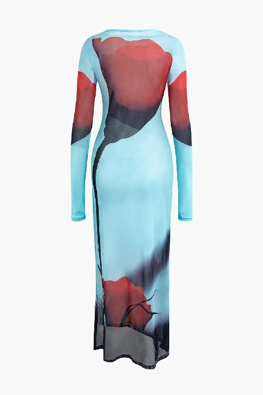 A&A Rose Print Mesh Maxi Dress Sporty Women's Athleisure 