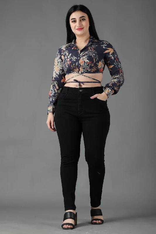 Black Floral Shirt Style Tie Around Top Classic Women's Tweed