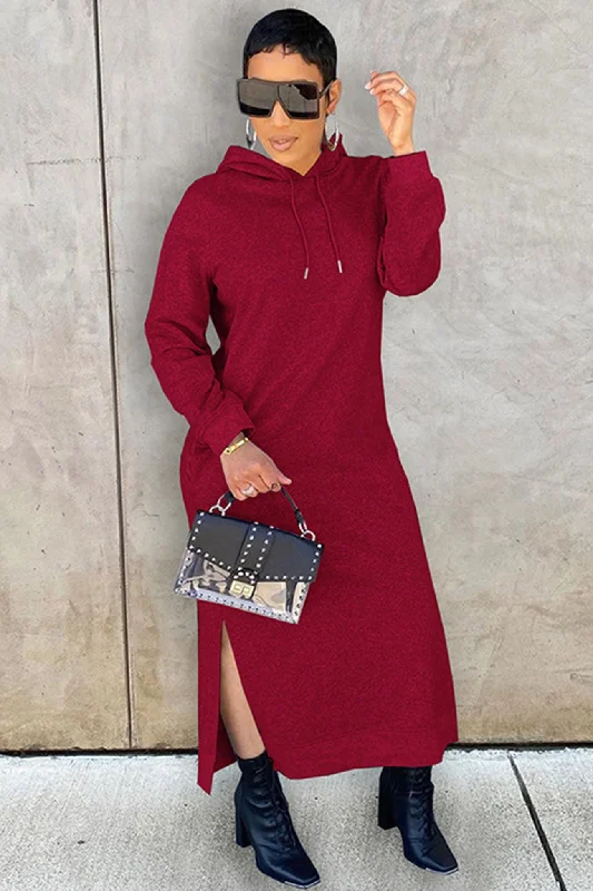 Solid Slit Hem Hoodie Dress Sophisticated Women's Tailored