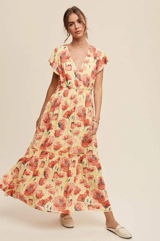 Light Yellow Floral Print V-Neck Maxi Dress Cozy Women's Winter