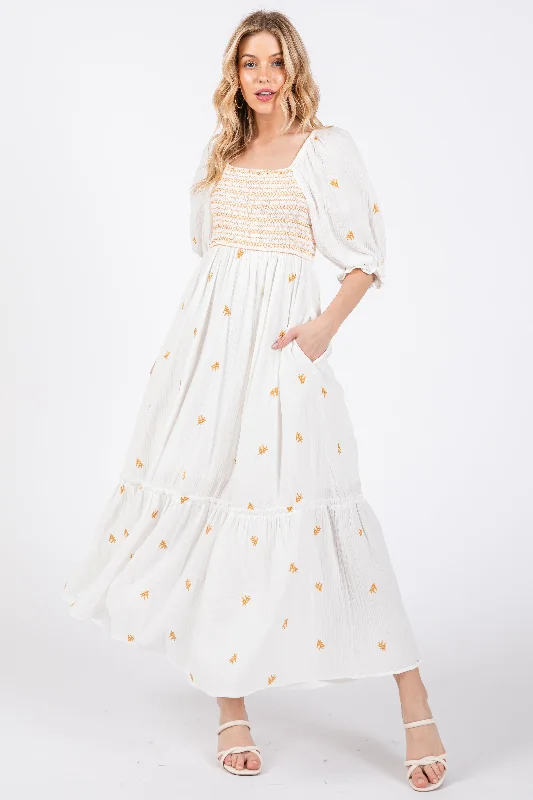 Ivory Gauze Smocked Embroidered Square Neck Midi Dress Sporty Women's Tennis