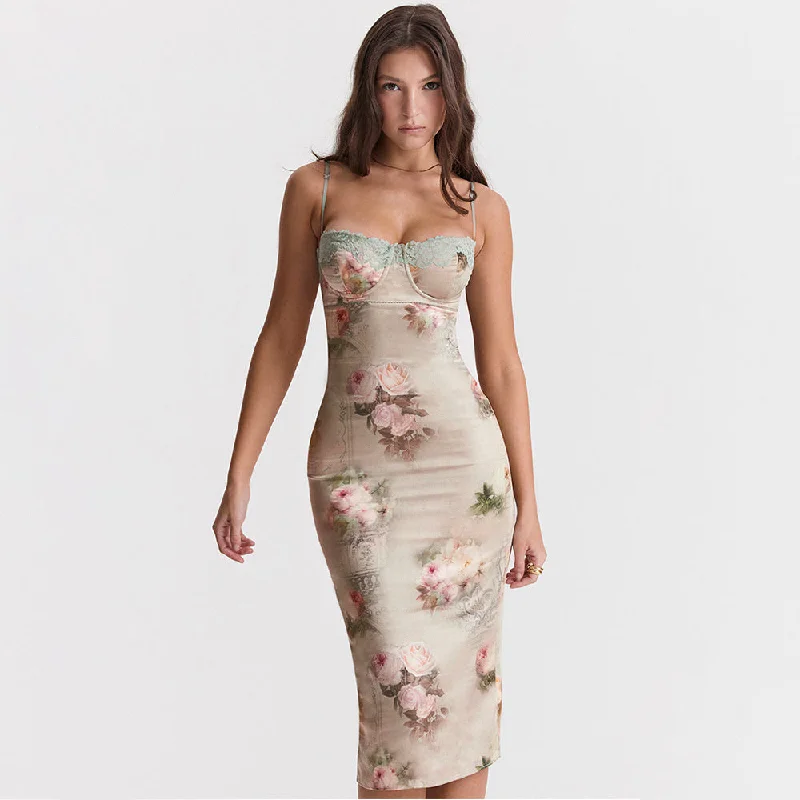 Kimberly Spaghetti Strap Lace Print Midi Dress Streetwear Style for 