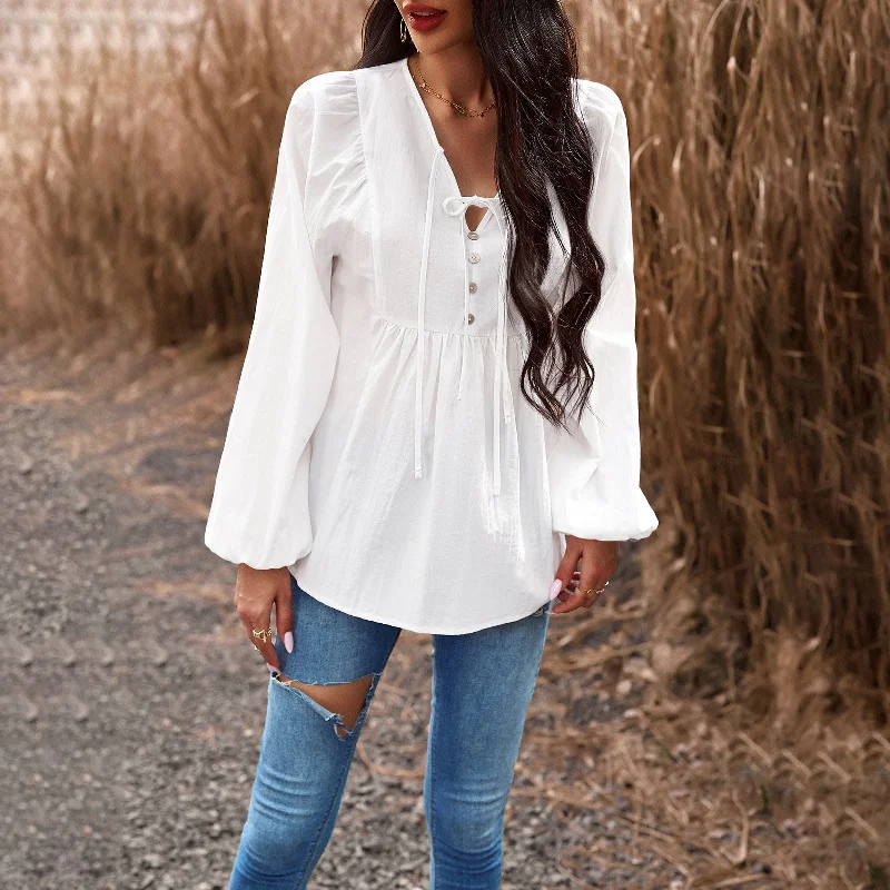 Temperament Solid Colour Long Sleeve V-Neck Tie Top Wholesale Womens Tops Refined Women's Classic 