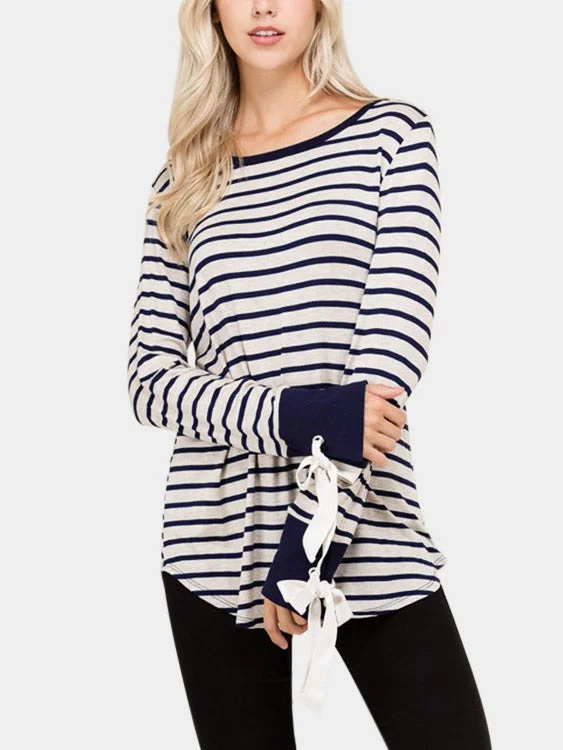 Custom Round Neck Stripe Lace-Up Long Sleeve Curved Hem T-Shirts Monochromatic Office Style