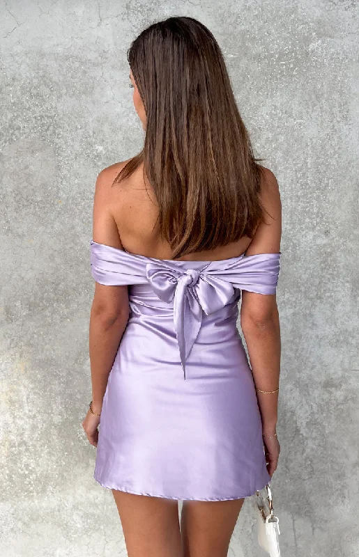 Primrose Purple Satin Off the Shoulder Mini Dress Minimalist Women's Casual
