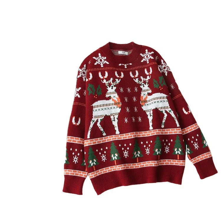 Christmas snowflake deer jacquard knit, fall/winter round neck loose bottom sweater, pullover sweater  1415 Dapper Women's Bow - adorned