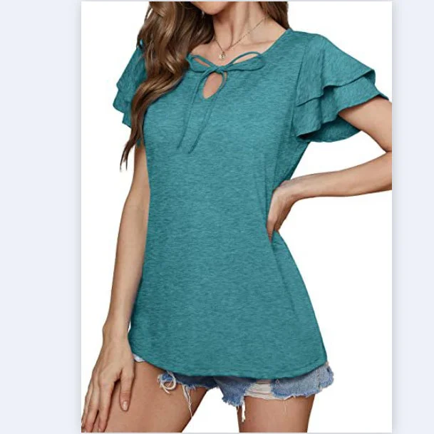 Casual Solid Color V-Neck Tie With Ruffle Sleeve T-Shirt Wholesale Women'S Top Trendy Women's 