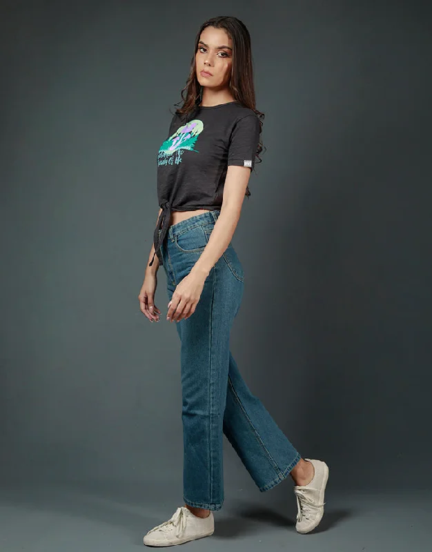 Crew Neck Print Crop T-Shirt with Knot Elegant Women's 
