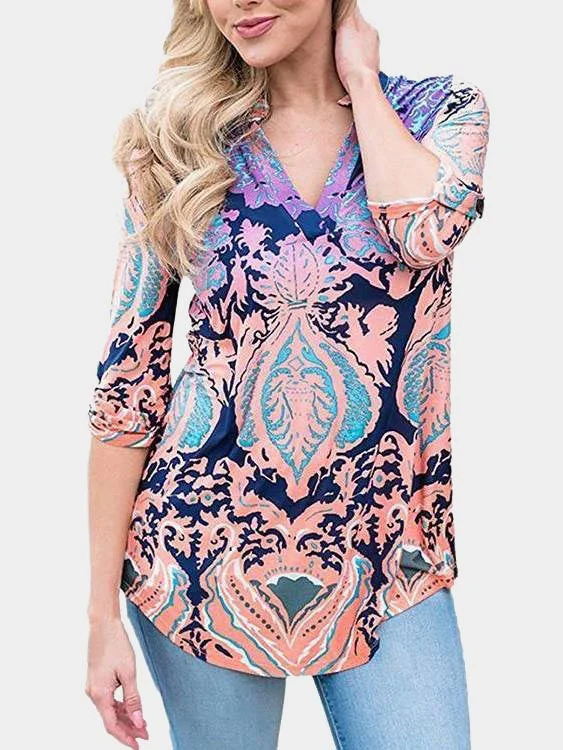 Custom Random Long Sleeves V-Neck Curved Hem Blouses Bold Women's Statement