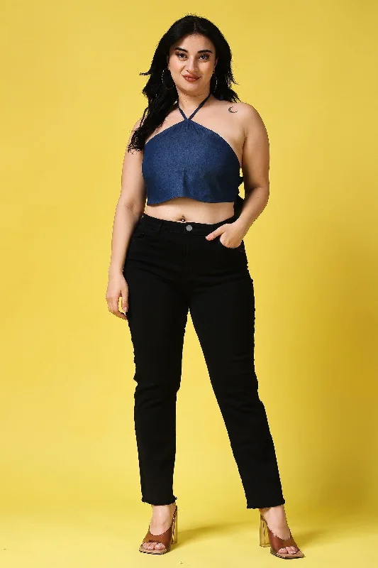 Blue Denim Solid Backless Single Tie Top Bohemian Women's Free