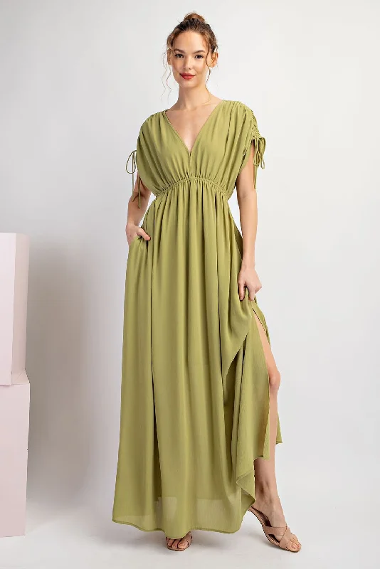 Light Olive V-Neck Drawstring Short Sleeve Side Slit Maxi Dress Trendy Women's 
