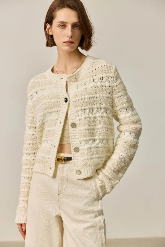 LILY Wool-Blend Tweed Knit Cardigan Classic Women's Pin - striped