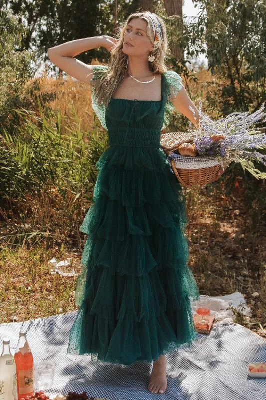 Valora Swiss Dot Tulle Maxi Dress | Dark Green Refined Women's Hand - crafted