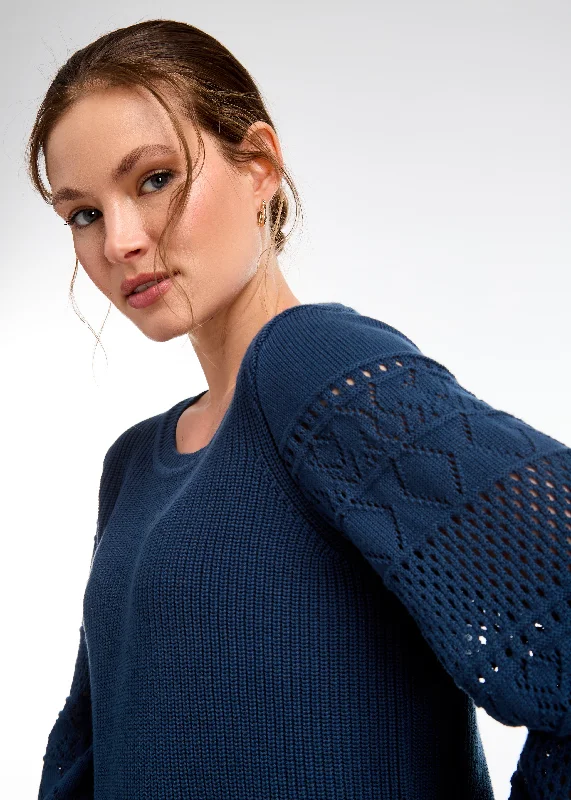 Long Sleeve Pointelle Sweater Monochromatic Office Style
