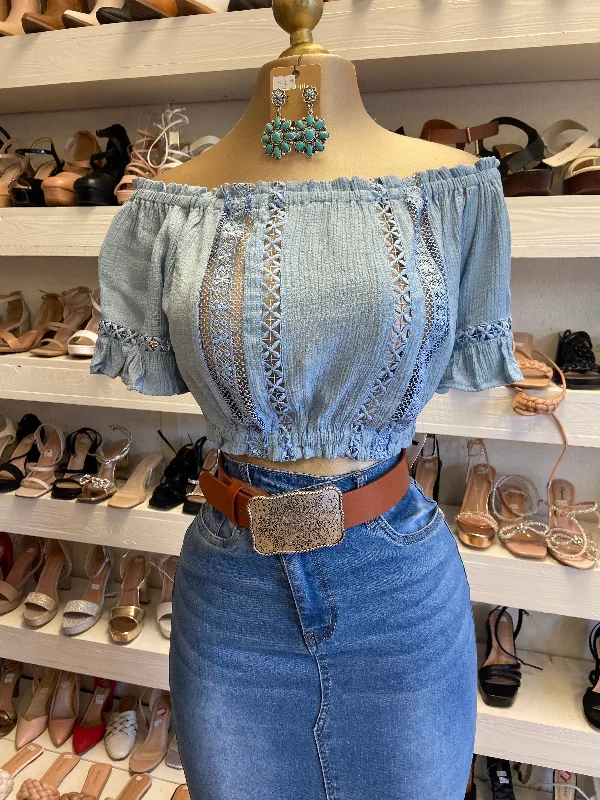 Blue Lace Detail Top Laid - back Women's Style