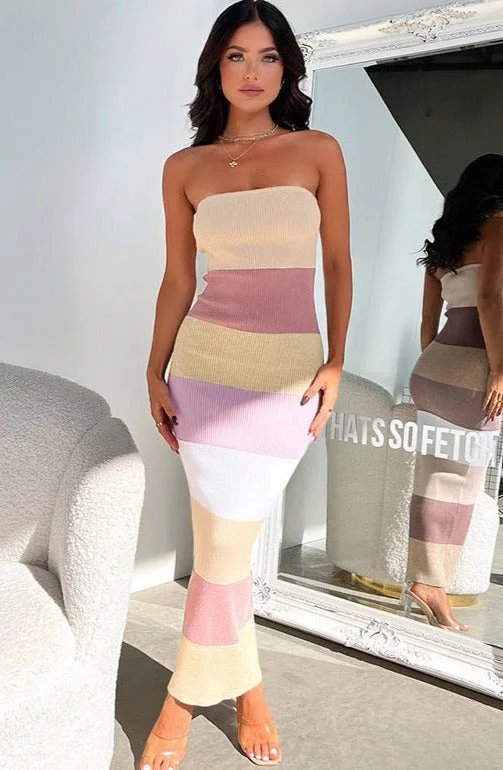 Linda Contrast Colors Strapless Knit Midi Dress Street