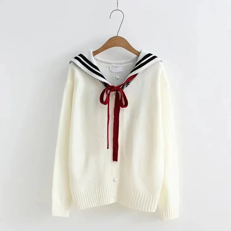 Navy collar long sleeve sweater, student tie bow knit cardigan  1414 Preppy Women's College