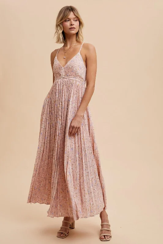 Light Pink Floral Pleated Back Cutout Maxi Dress Vacation