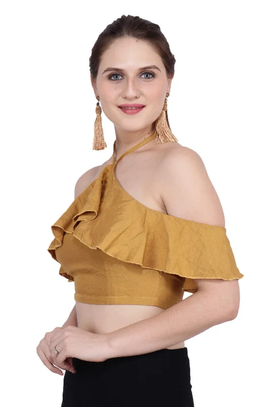 Mustard Solid Flounce Crop Top Casual Women's Loose - fitting