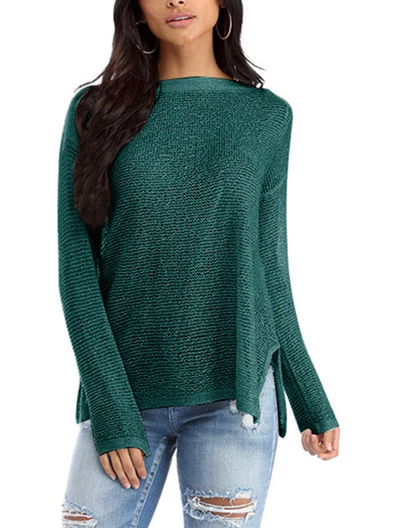 Custom Bateau Plain Long Sleeve Slit Hem Top Dynamic Women's High - energy