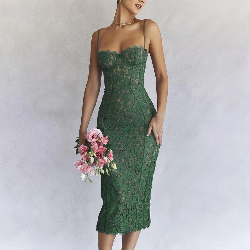 Lace Backless Split Sleeveless Midi Dress Trendy Women's 