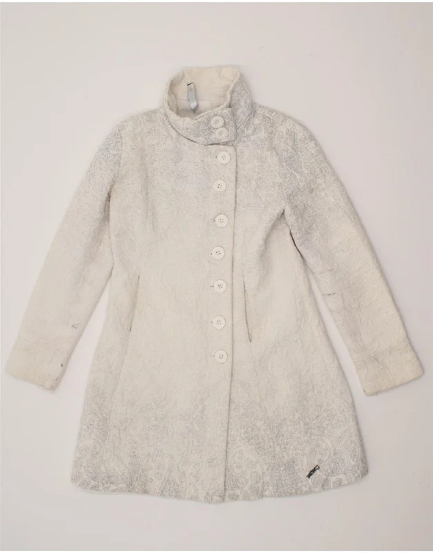 DESIGUAL Womens Overcoat EU 42 Large White Paisley Polyester Sophisticated Women's Tailored