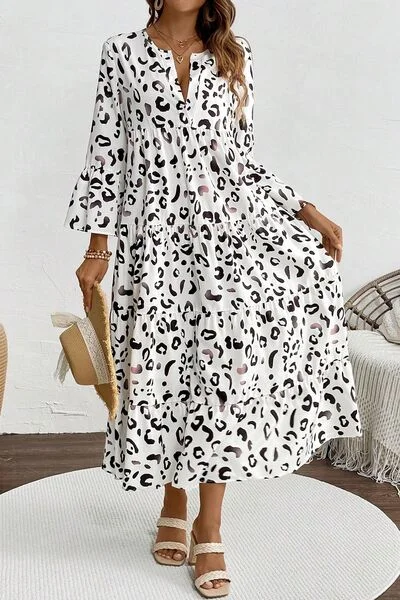 Leopard Notched Long Sleeve Dress Elegant Women's Formal 