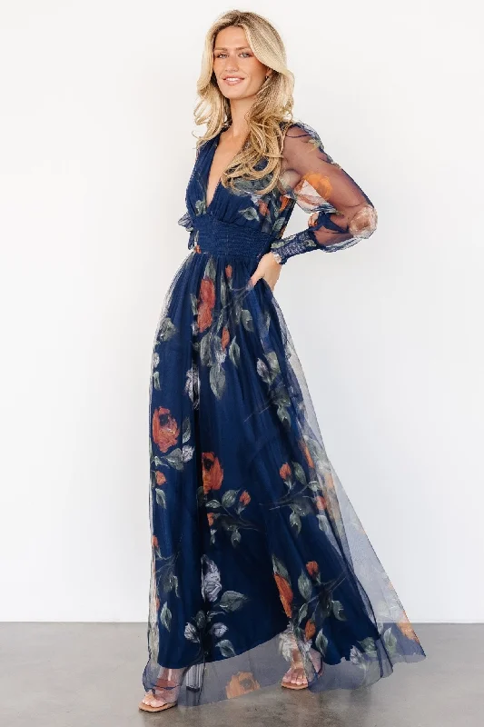 Layla Tulle Maxi Dress | Navy Blue Floral Artistic Women's Hand - painted