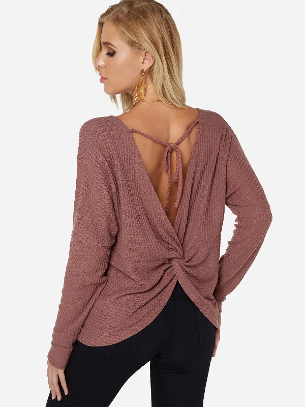 Custom Round Neck Backless Lace-Up Long Sleeve Rust T-Shirts Artistic Women's Avant - 