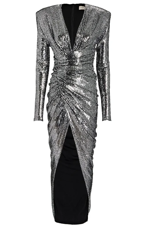 Ruched Silver Sequined Gown Trendy Women's 