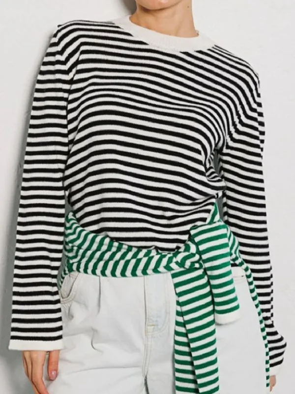 Striped Round Neck Long Sleeve Sweater Bold Women's Animal Print