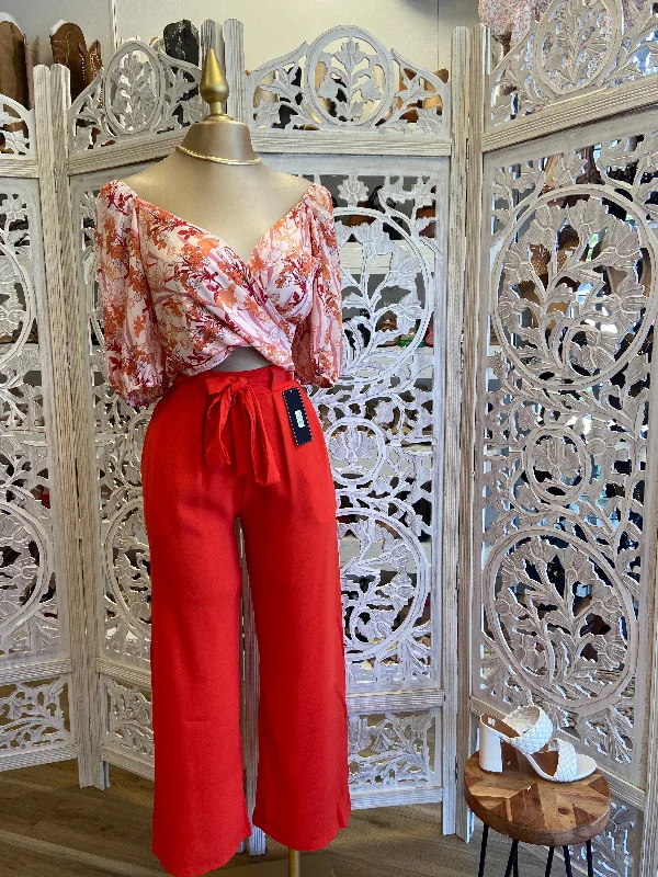 Orange Wrapped Floral Crop Top Modern Women's 